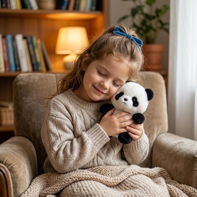 Enfant câlinant un jouet en forme d'ours panda