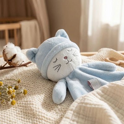 Doudou Chat - Velours Bleu & Anneau de Dentition