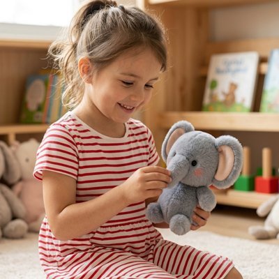 Enfant souriante câlinant un jouet éléphant en peluche