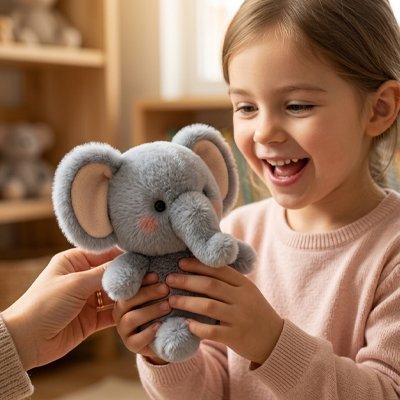 Enfant joyeuse recevant un jouet éléphant câlinable