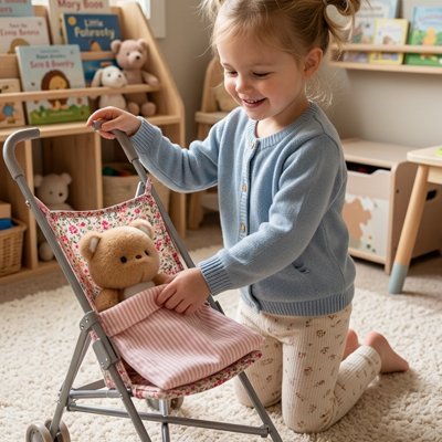 Petite fille heureuse avec poussette et jouet en peluche