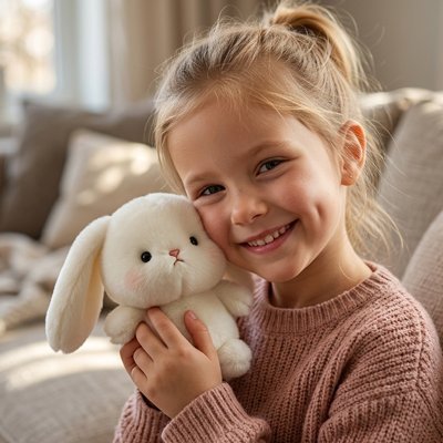 Enfant câline jouet lapin, sourire lumineux et sincère