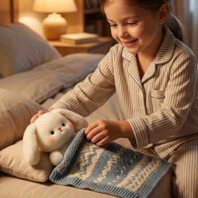 Enfant heureuse couvre jouet lapin avec couverture tricotée