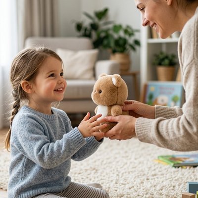 Enfant recevant un jouet animal en peluche adorablement doux