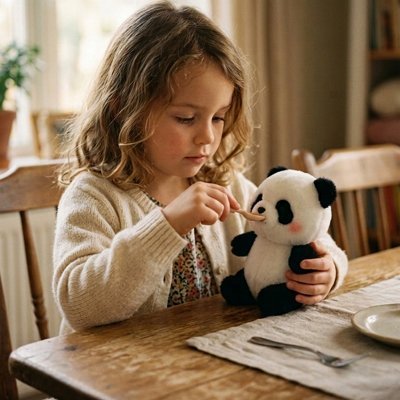 Enfant nourrissant un jouet en forme d'ours panda
