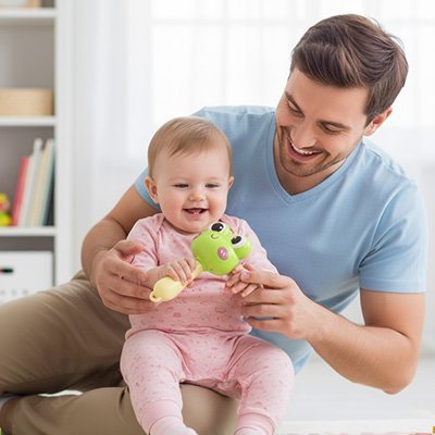 Jeune enfant explorant un jouet vibrant avec enthousiasme