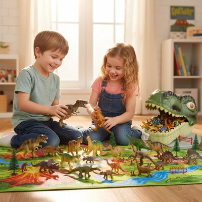 Enfants découvrant l'univers jurassique avec créatures miniatures réalistes