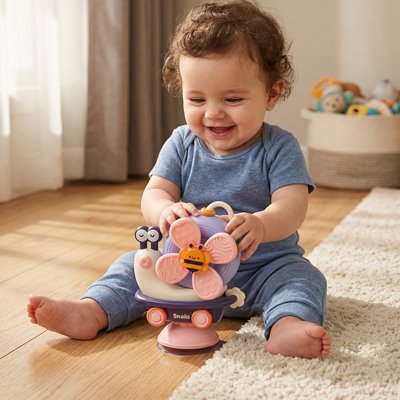 bébé assis avec son escargot d'éveil à ventouse