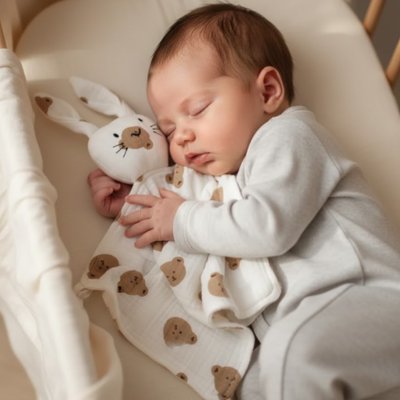 bébé en sommeil avec son doudou en mousseline