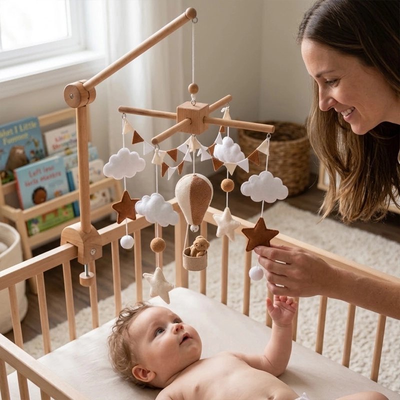bébé éveillé sous mobile bebe montgolfière marron