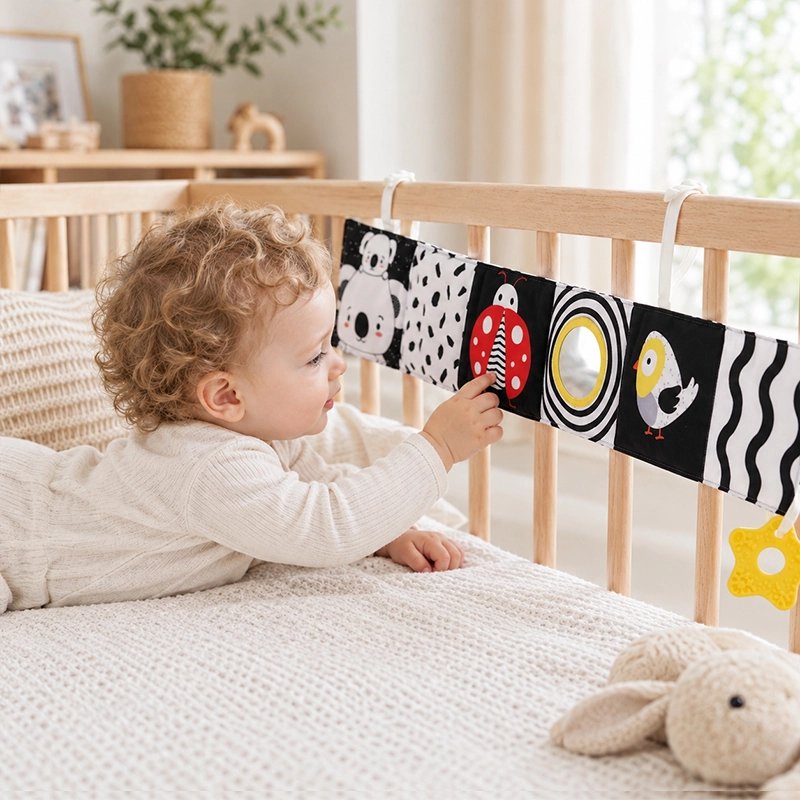 bébé explorant livre bebe noir et blanc contrasté