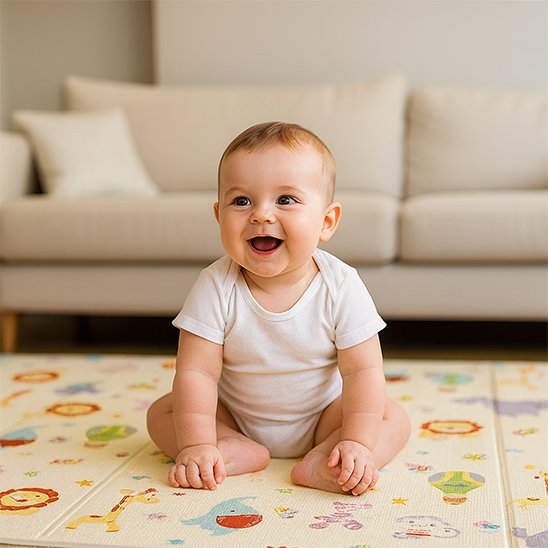 bébé heureux sur tapis en mousse