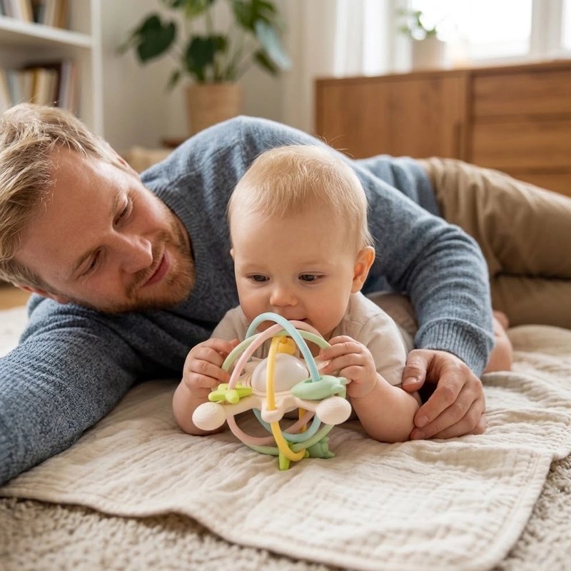 bébé jouant avec hochet souple et clochette