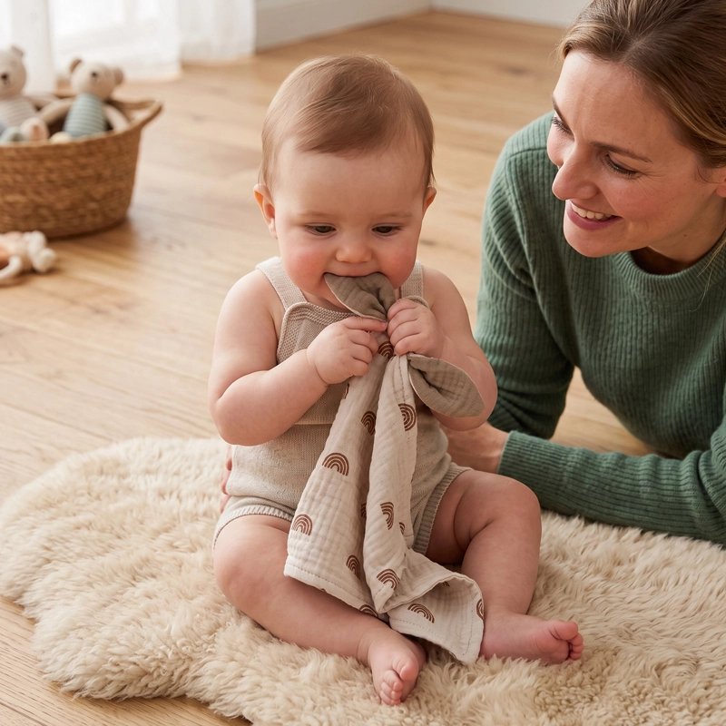 bebe mordillant doudou lange bebe beige motifs