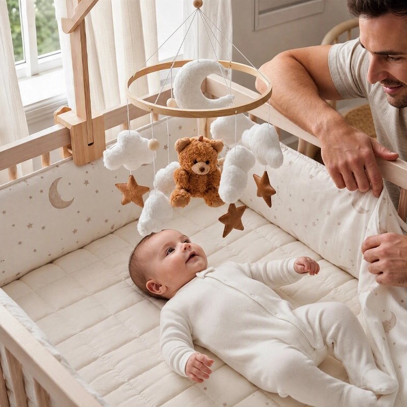 bébé regardant mobile pour lit bébé sécurisé