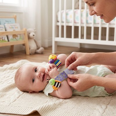 Nourrisson souriant interagissant avec jouet sensoriel vibrant coloré