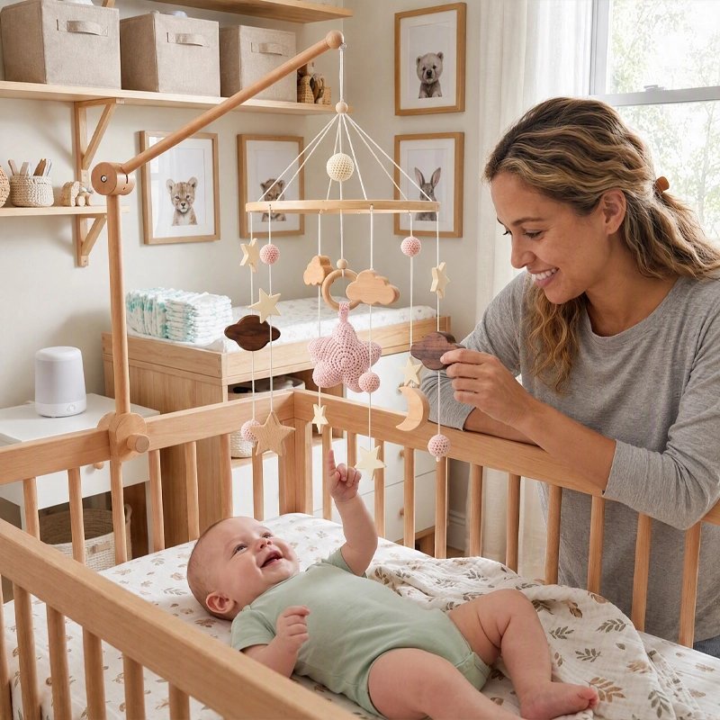bebe souriant sous mobile bebe en bois
