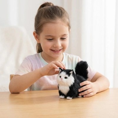 chaton en peluche noir réaliste avec une petite fille