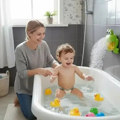 Enfant s'amusant avec figurines flottantes colorées dans baignoire