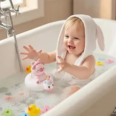 Bébé s'amuse avec des figurines flottantes mignonnes dans l'eau