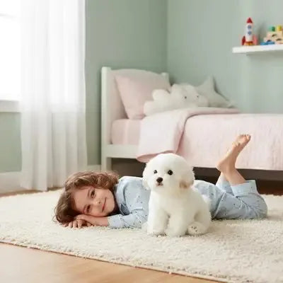 Détails des finitions de la peluche d'éveil chien