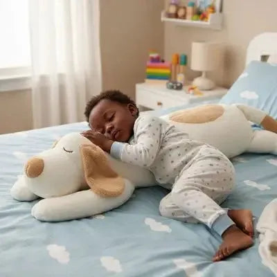 Détails des finitions de la peluche d'éveil chien