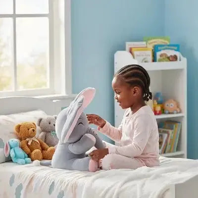 Détails des finitions de la peluche d'éveil éléphant