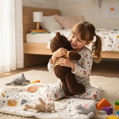 Détails des finitions de la peluche d'éveil ours