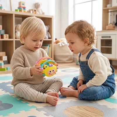 Deux enfants stimulés par ce hochet montessori
