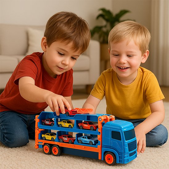 deux garçon s'amusent avec camion jouet