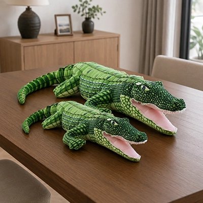 deux grandeurs de crocodile en peluche posé sur une table