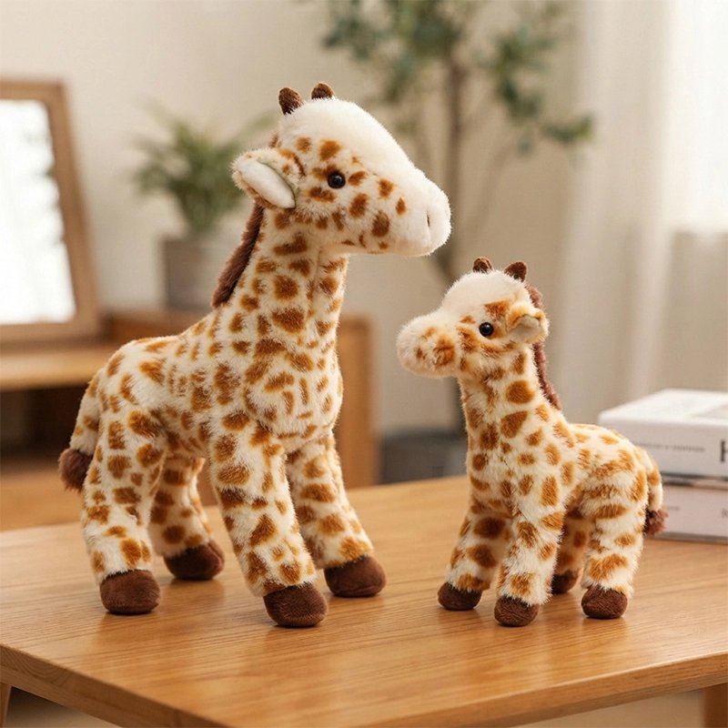 deux variantes de taille de peluche girafe sur une table