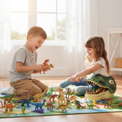 Enfants explorant l'aventure préhistorique avec figurines créatives