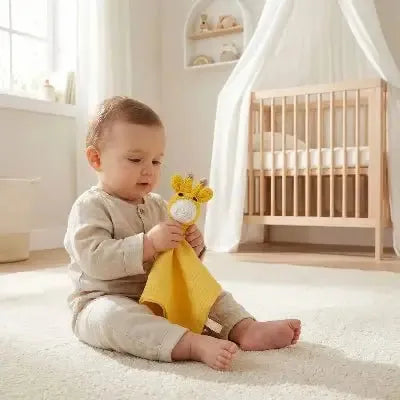 Doudou animal naissance, doudou faon dans les mains de bébé
