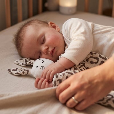 Doudou bebe dans les main d'un nourrisson qui dort