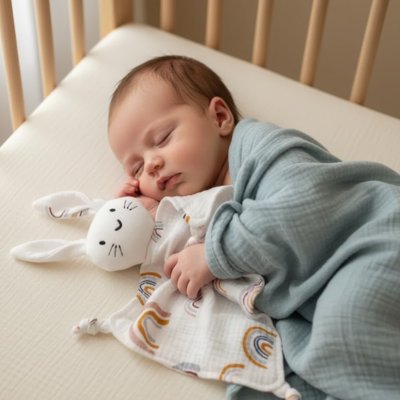 doudou bébé garçon avec nouveau né dans son lit
