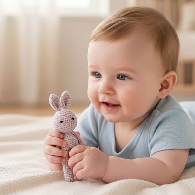 Doudou en crochet enfant sur le ventre