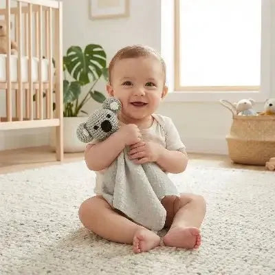 Doudou koala dans les bras d'un bébé assis
