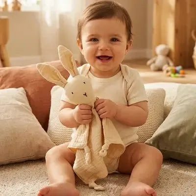 Doudou lapin beige bébé content