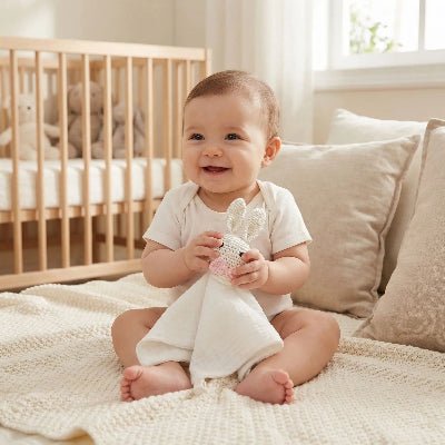 doudou lapin dans les mains d'un bébé souriant | Alan Eveil™