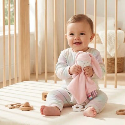 doudou lapin rose avec bébé dans le parc | Alan Eveil™