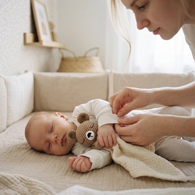 Doudou ourson beige avec bébé qui dort | Alan Eveil™