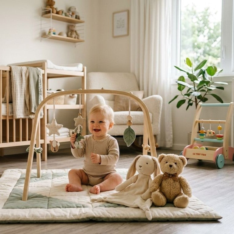 Bébé jouant sur un tapis d'éveil avec doudou, peluche et trotteur en bois - Alan Éveil