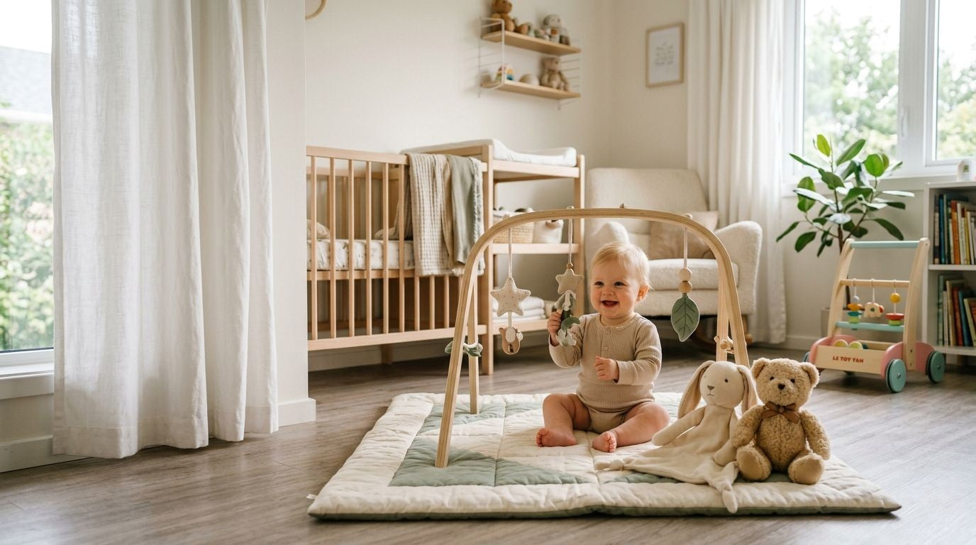 Bébé jouant sur un tapis d'éveil avec doudou, peluche et trotteur en bois - Alan Éveil