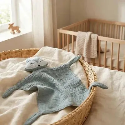 Doudou renard lange en gaze de coton bleu et blanc