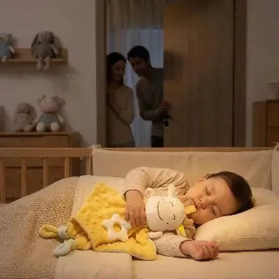 Doudou vache bébé dort paisiblement vue sous un autre angle