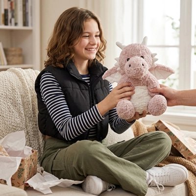 dragon en peluche rose dans les mains d'une fille