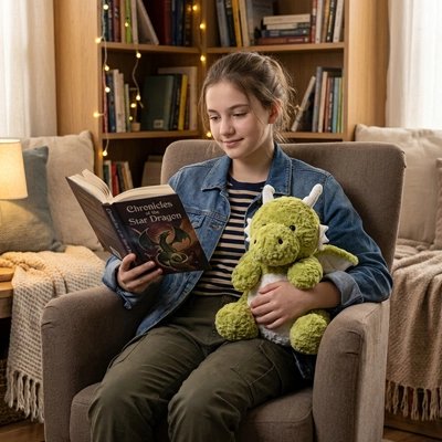 Dragon en peluche sur les cuisse d'une jeune fille