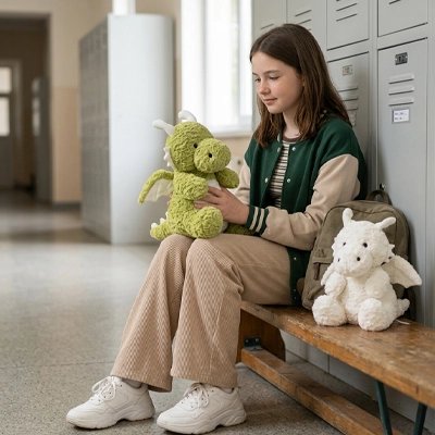 dragon pelucheuse vert et blanche à l'école avec jeune fille
