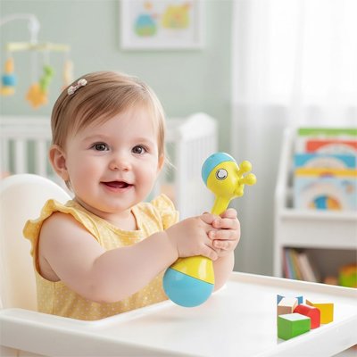 enfant stimule motricité avec hochet d'éveil évolitif